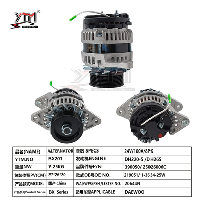 Συναρμολόγηση εναλλάκτη BX201 24V 100A 8PK Αριθμοί OE 219051 390050 για Εκσκαφέα DAEWOO DH220-5/DH265