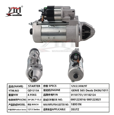YTM QD1213A 12V 2.3KW 9T κινητήρας εκκίνησης για Deutz D436 1011 Engine Genie S65 0001223016 0001223021 Deutz 01181751 01182124 Αντικατασκευαστικός κινητήρας εκκίνησης