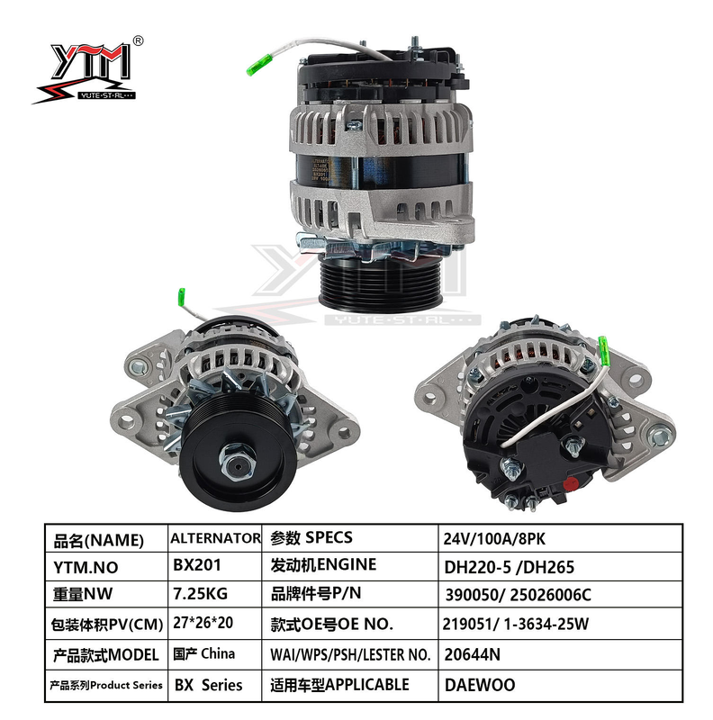 Συναρμολόγηση εναλλάκτη BX201 24V 100A 8PK Αριθμοί OE 219051 390050 για Εκσκαφέα DAEWOO DH220-5/DH265