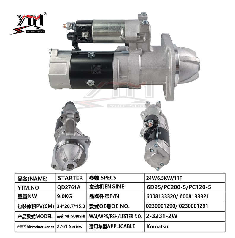 24V 11T 6.5KW κινητήρας εκκίνησης QD2761A Για τον κινητήρα Komatsu PC200-5 PC120-5 6D95 OE 0230001290 6008133320 2-3231-2W