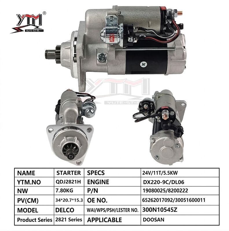 Μίζα Εκσκαφέα 24V 5.5KW 11T για Doosan DX220-9C Κινητήρα DL06 Τύπου Delco OE 19080025 8200222 Μηχανή Εκκίνησης Βαρέως Τύπου